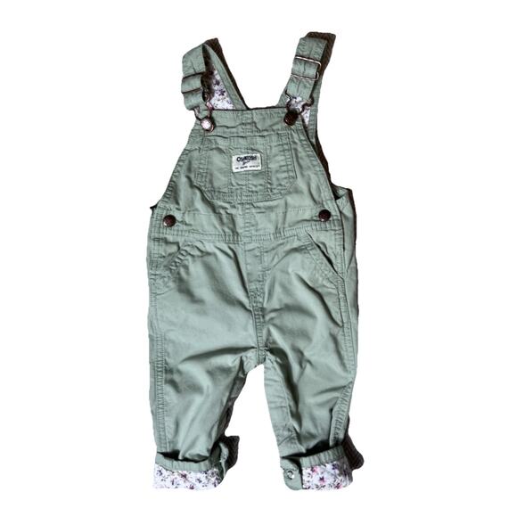 Floral Lined Lightweight Canvas Overalls 12 Months Oshkosh B'gosh Green - Picture 1 of 7